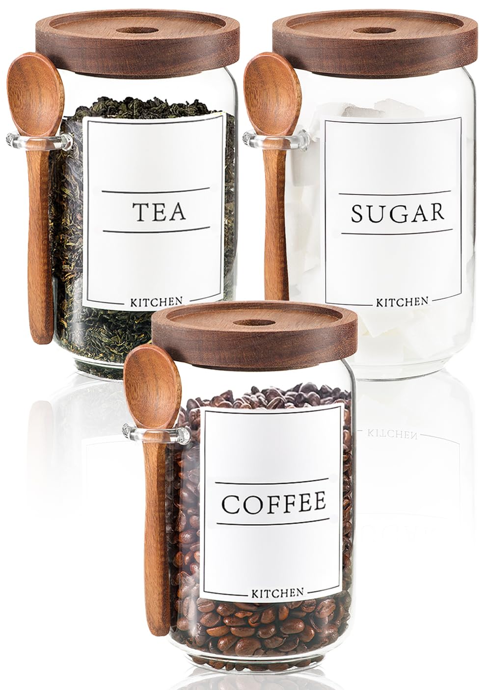 Photo 1 of KOSKIMER Coffee and Sugar Container Set, Glass Coffee Jars with Wooden Lids and Scoops, Decorative Sugar Tea Creamer Canisters for Kitchen Countertop (25oz)
