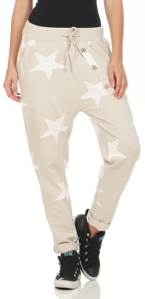 Malito Damen Jogginghose mit Knopfleiste | Sporthose mit Sternen | Baggy zum Tanzen | Sweatpants - Trainingshose 3303