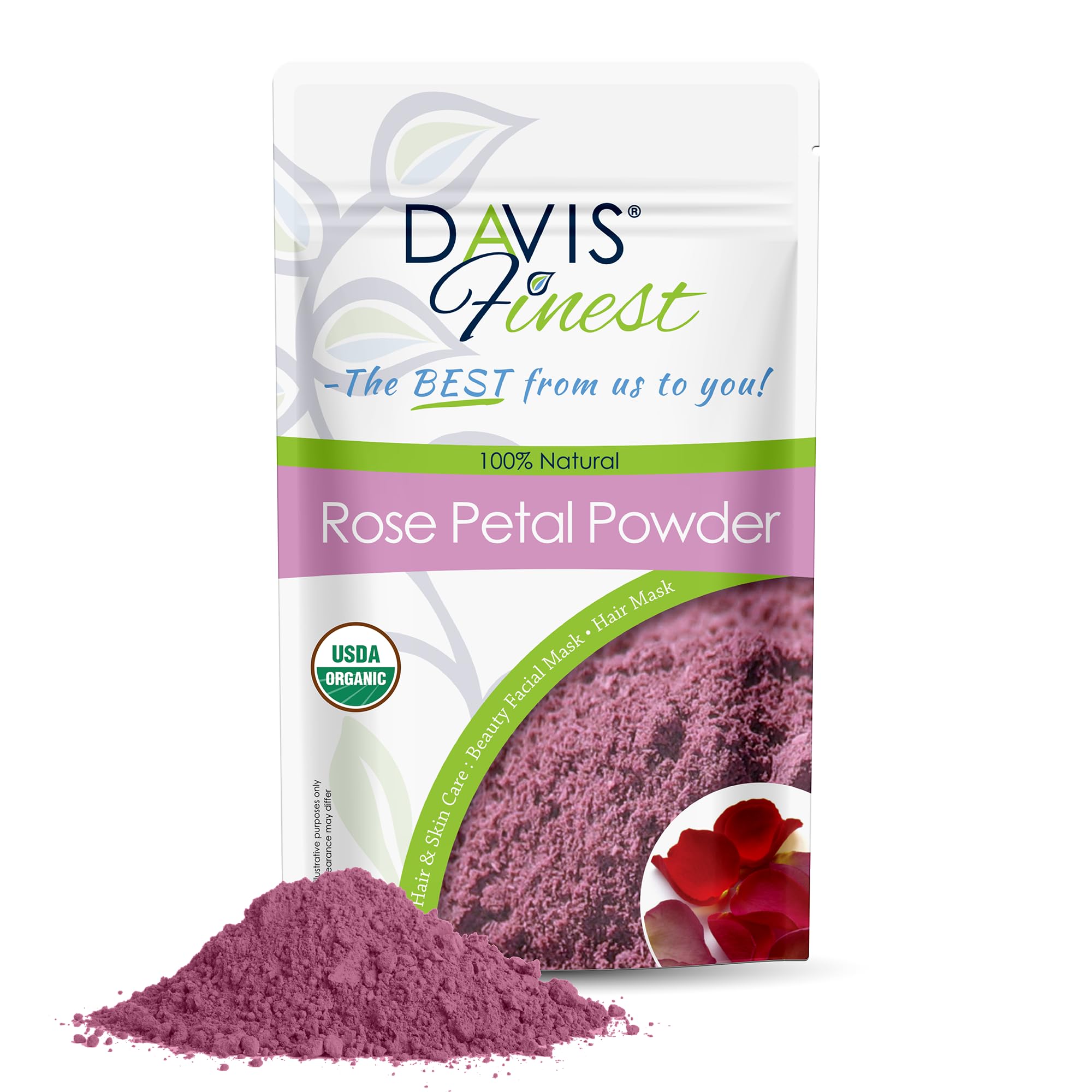 Davis Finest Organic Rose Petal Powder 100g, Pure & Natural Rosa Damascena Dried Damask Rose Petals Facial Mask Skin Brightening Lightening Exfoliating Face Pack Hair Mask, Natural Rose Fragrance
