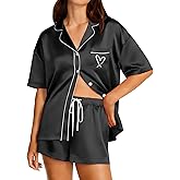 Ekouaer Womens Silk Satin Pajama Set, 2 Piece Heart Embroidery Short Sleeve Button Down Pjs Set for Bridal Party