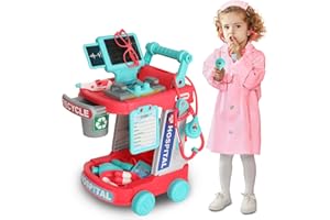 Zefinot Doctor Kit for Kids 3-5 , Toddler Doctor Play Set with Cart, Costume and Stethoscope,Role Play Kids Doctors Play Set (TC-Pink)
