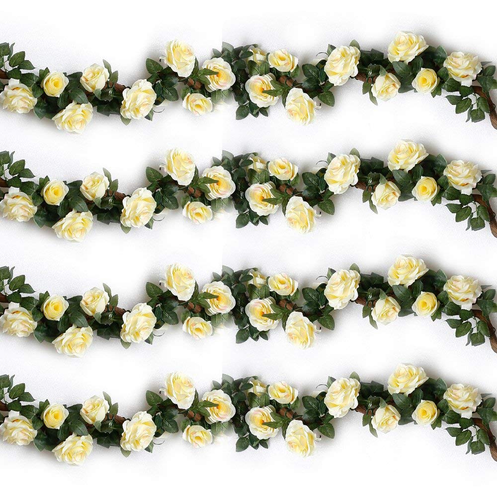 Ruiuzioong Artificial Rose Vines,Fake Rose Garland Silk Flowers Hanging Artificial Plants for Hotel Wedding Home Party Garden Craft Art Arch Arrangement Decoration (Beige, 2pcs - 10Flowers)