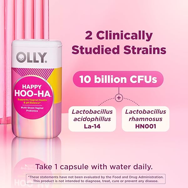 OLLY HAPPY HOO-HA CAPSULES, PROBIOTIC FOR WOMEN, VAGINAL HEALTH AND PH BALANCE, 10 BILLION CFU, GLUTEN FREE – 25 COUNT