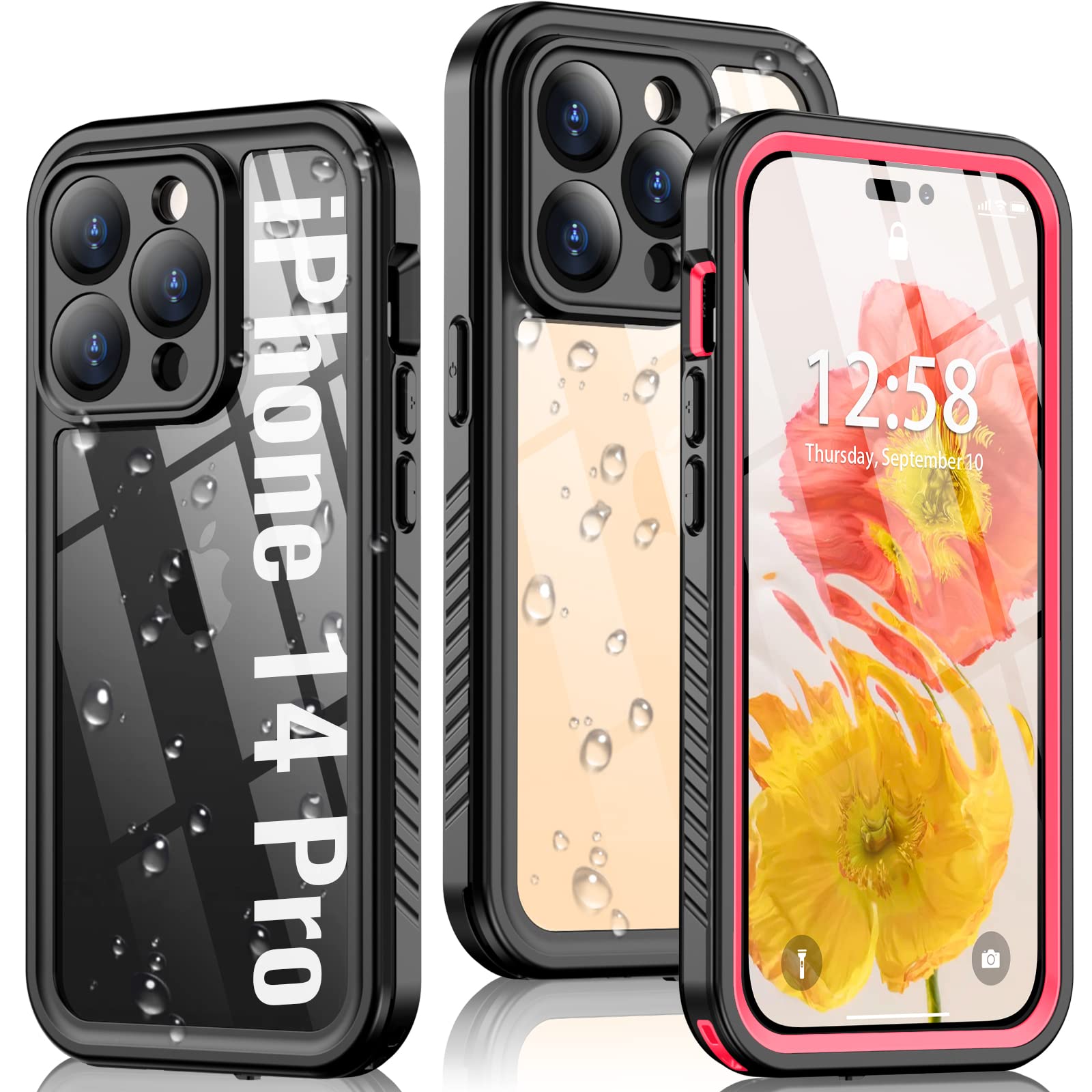 Oterkin for iPhone 14 Pro Case Waterproof,Shockproof Bumper Case with Built-in Screen Protector,Dustproof Anti-Scratch Anti-Stain Phone Case for iPhone 14 Pro 5G 6.1inch Pink