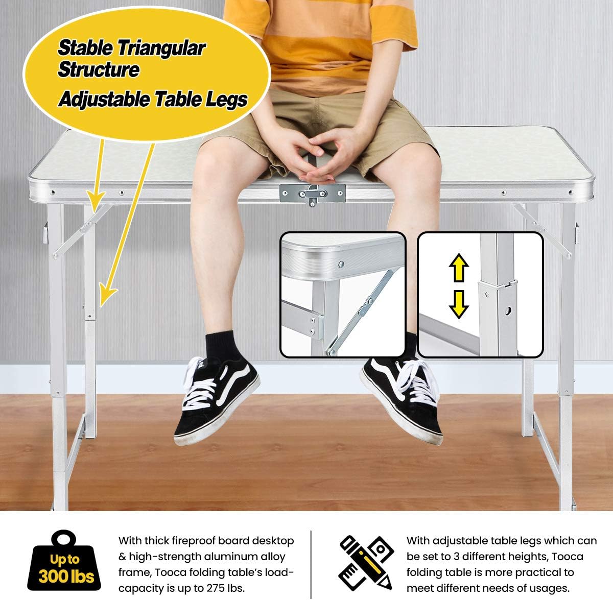 TOOCA Folding Table 4ft Aluminum Folding Camping Table Portable Picnic Table with 2 Chairs, Heights Adjustable Legs Collapsible Table for Indoor Outdoor, Picnic, Camping, Party and BBQ : Garden & Outdoor