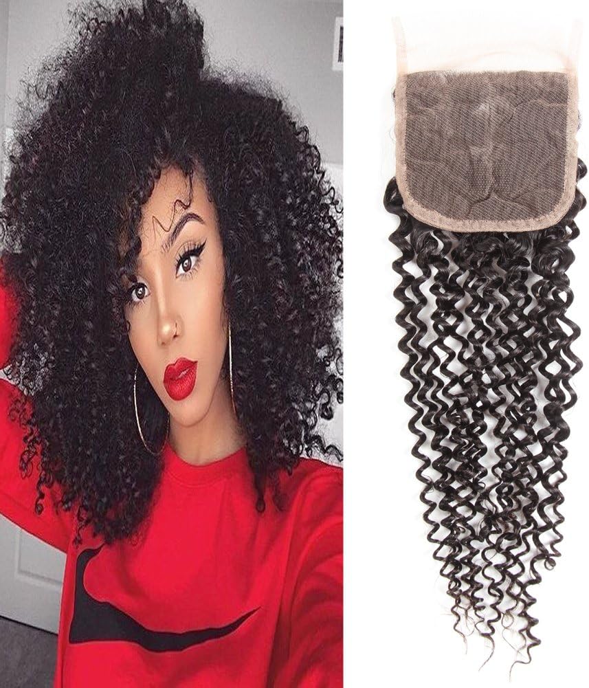 Huarisi 8a Brazilian Kinky Curly Closure 100% Unprocessed Human Hair 4x4 Free Part top Closures 130 Density Natural Color Virgin Brazilian Hair 1 Piece Only a Pack 10 Inch