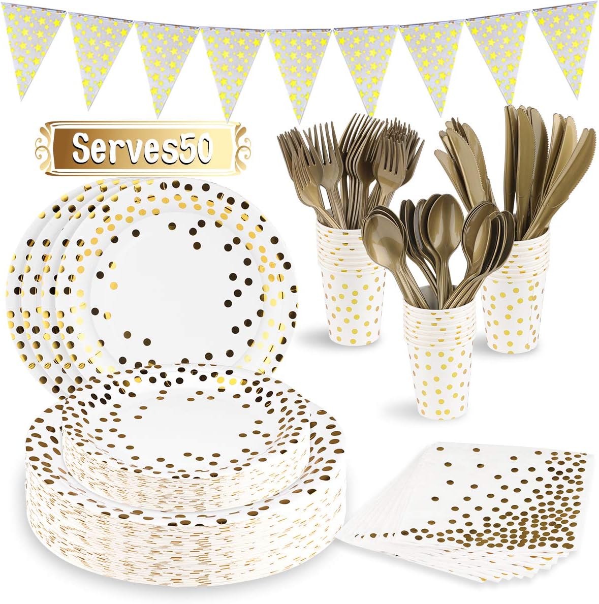 351 PCS Gold Party Supplies Set Disposable Gold Dot Paper Plates Dinnerware Serves 50 Including Banner, Plates, Cups, Napkins, Spoon, Forks, and Knives for Baby Shower Wedding Birthday Party