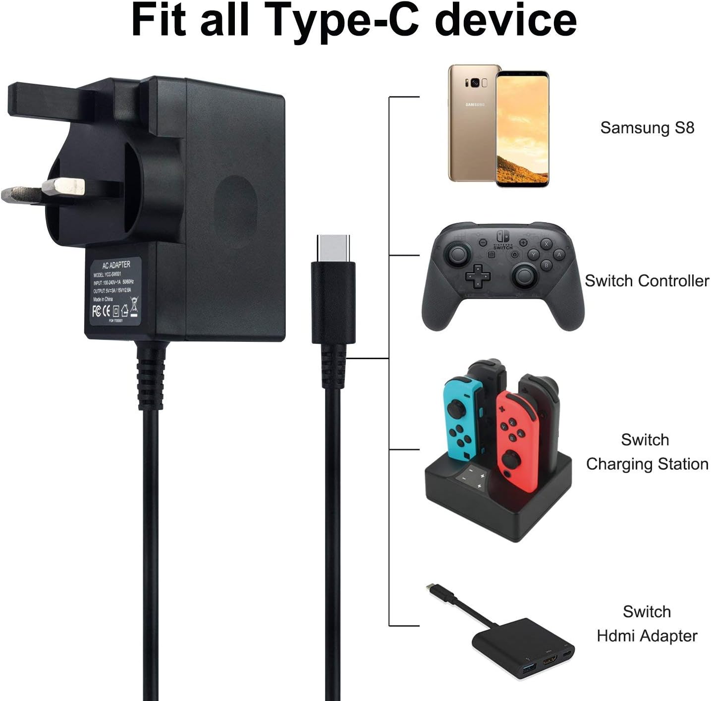 Coventry Retailer Charger for Nintendo Switch, AC adapter Compatible with Nintendo Switch - Fast Travel Wall Charger with 5FT USB Type C Cable 15V/2.6A Power Supply for Nintendo Switch Supports TV Mode and Dock Station