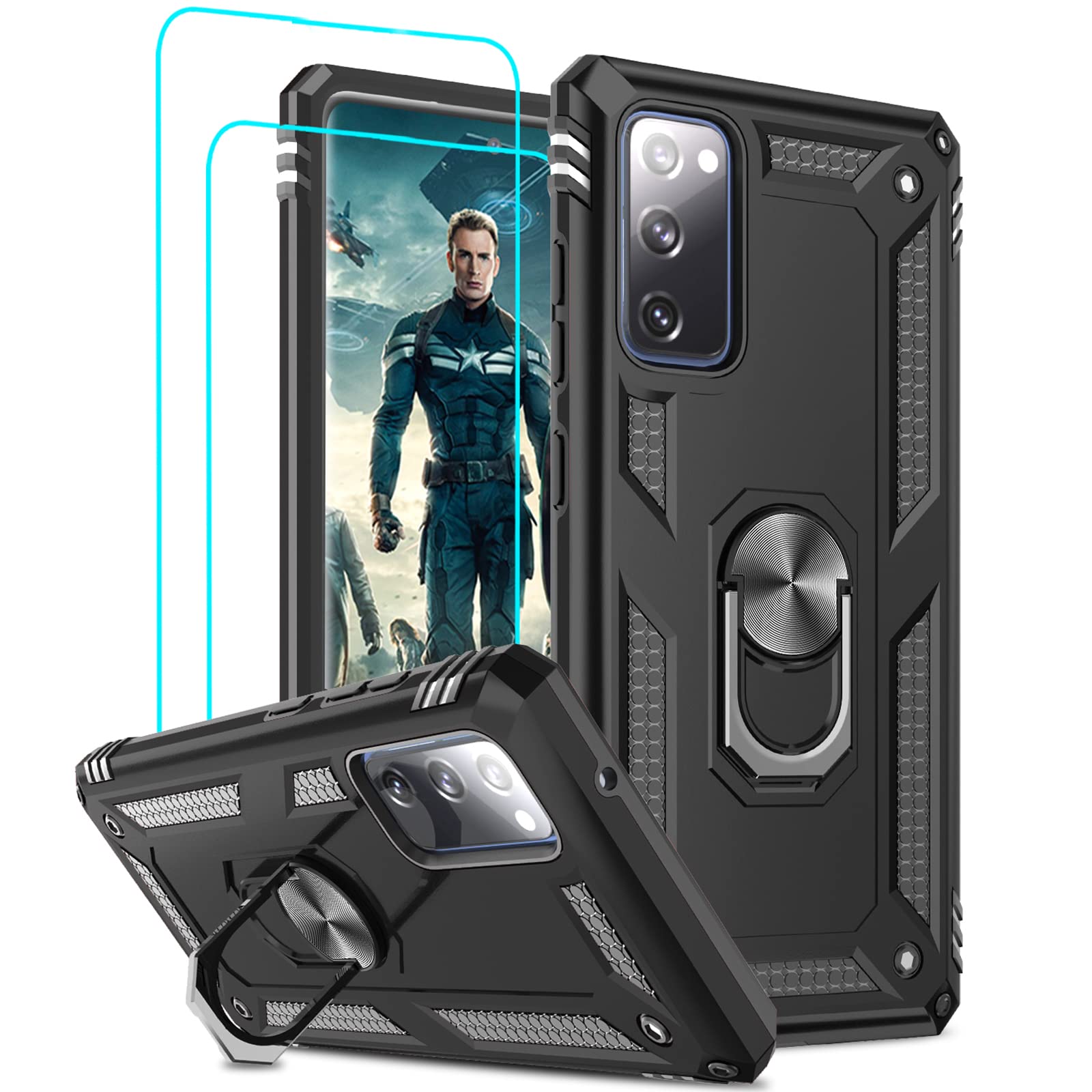 LeYi for Samsung Galaxy S20 FE 5G Case and 2 Tempered Glasss Screen Protector,Ring Holder Military Grade Protective Shockproof Tough Armour Hard Phone Cover for Samsung S20 FE 5G Black