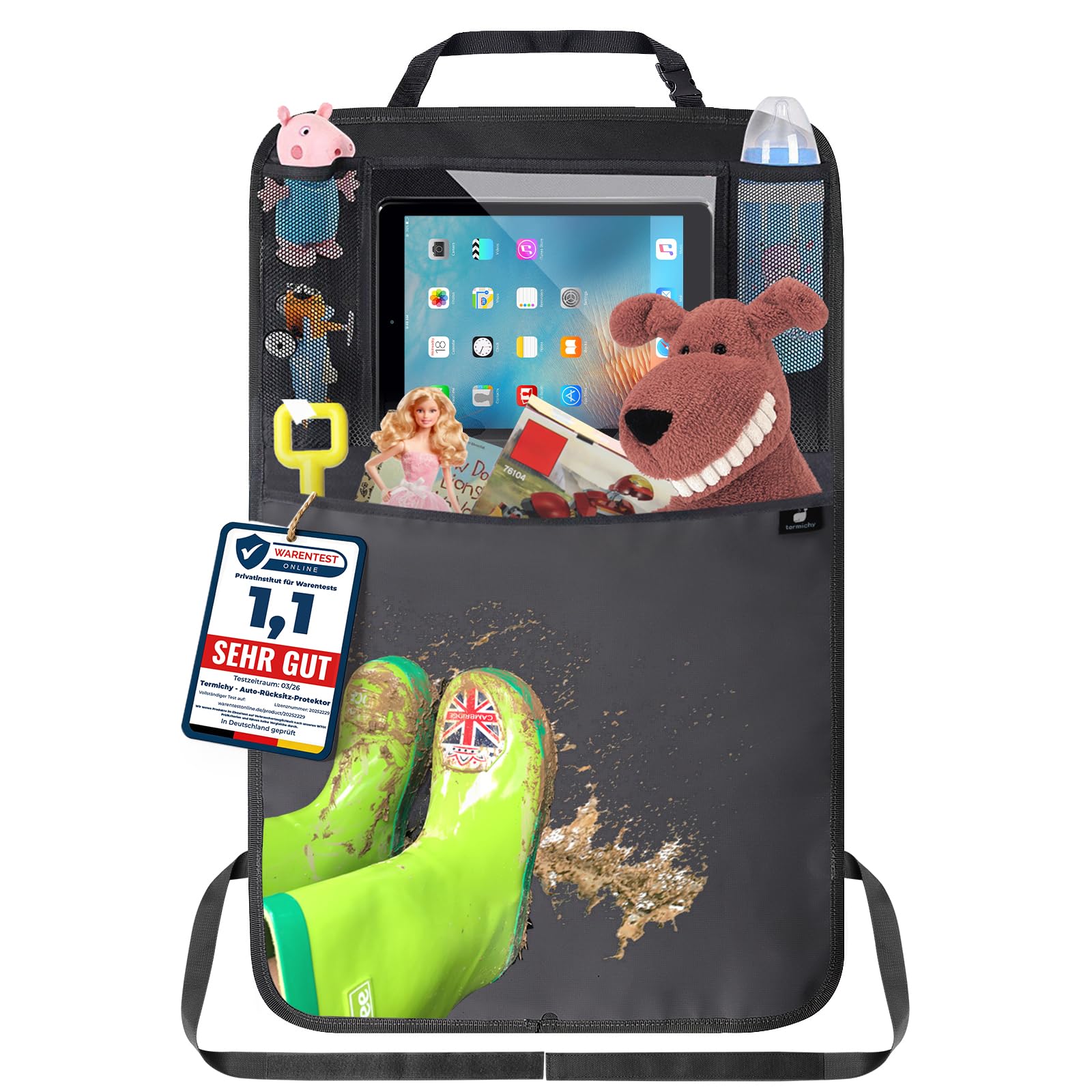 Termichy Kick Mat Car Organiser, Car Seat Back Protector with Clear iPad Holder Waterproof Material (1pack)