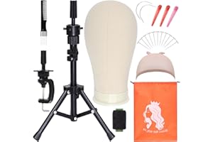 PWEOUKE 22 Inch Canvas Wig Head with Stand for Wigs ,14-22 Inch Height Adjustable Wig Stand Tripod with Canvas Block Wig Head,Manikin Head Block Set for Cosmetology with Wig Stand and Storage Bag