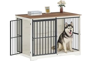 Hzuaneri XXL Large Dog Crate Furniture, 46.9" Indoor Dog Kennel Furniture with Barn Door, Wooden Tall Dog Crate, Heavy Duty Dog Cage for Large Dogs, Side End Table, Anti-Chew, White Brown DFC83814B