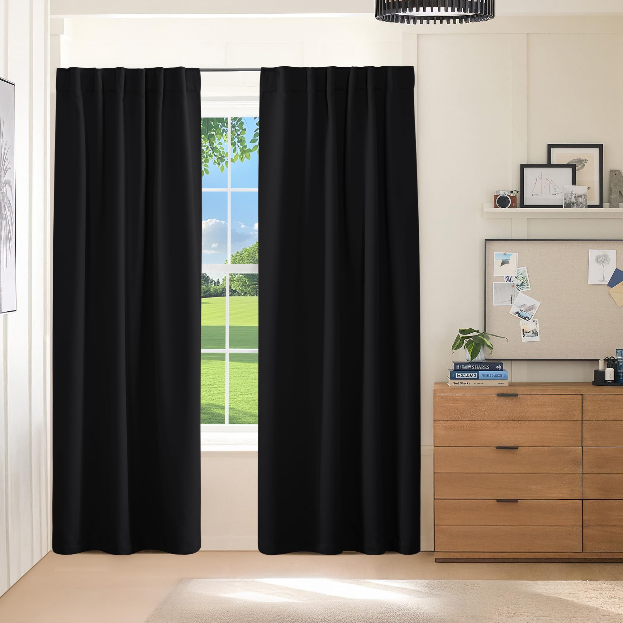 Pony Dance Blackout Curtains Thermal Insulated Window Treatment Panels Room Darkening Shade Drapes for Living Room Back Tab/Rod Pocket Bedroom Draperies, 55 x 80 Inch, Black, 2 Panels Image