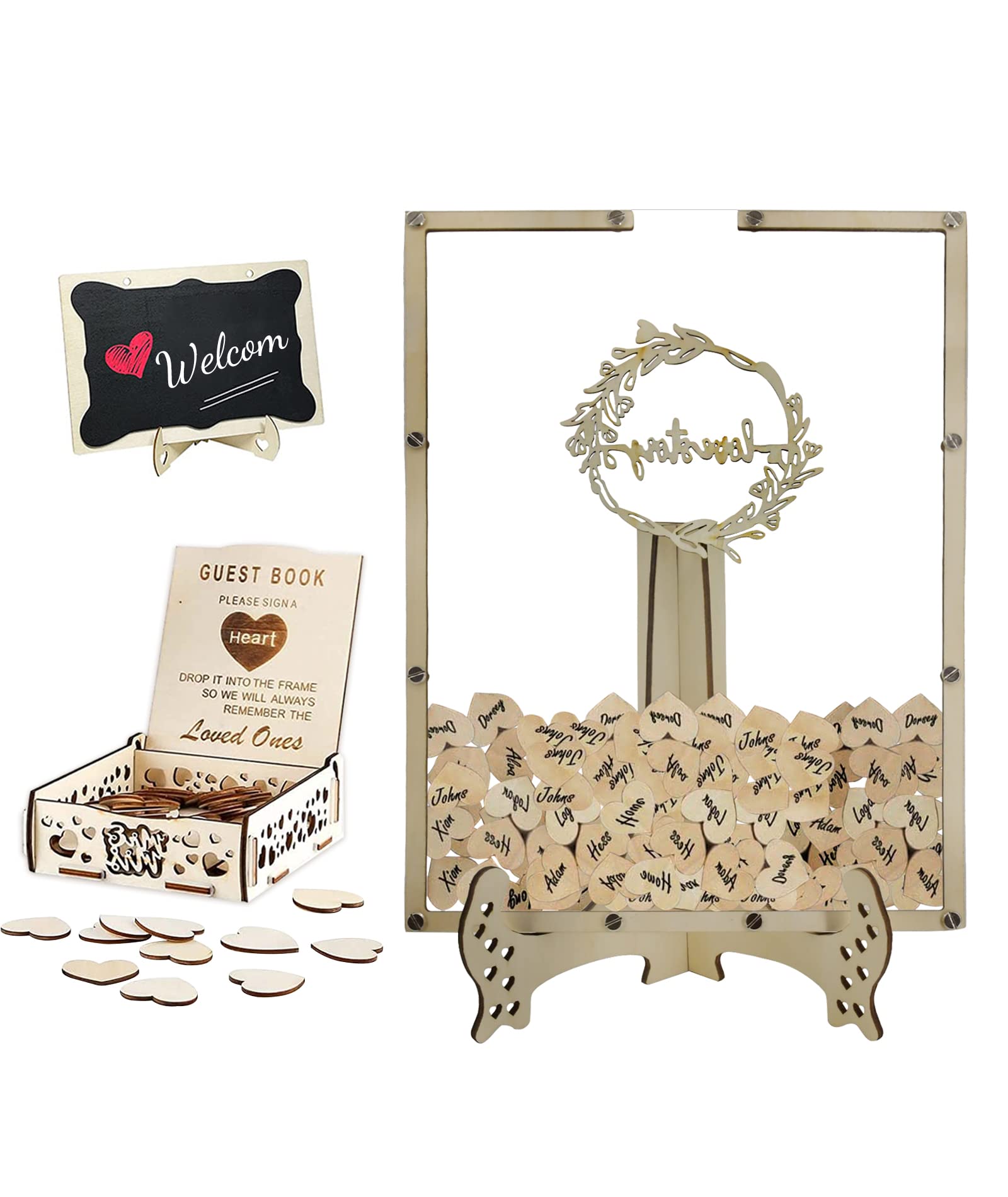 Wedding Guest Book Alternative, Wooden Heart Guest Book with 100 Wooden Hearts Drop Top Frame Guestbook, Wedding Guestbook Alternative with Stand Wooden Wedding Guest Book Letters (01)