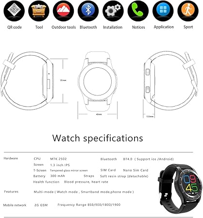 Reloj inteligente Kivors, G8, Bluetooth, para monitorizar las actividades de fitness, con pantalla táctil y podómetro, para smartphones Android e iOS