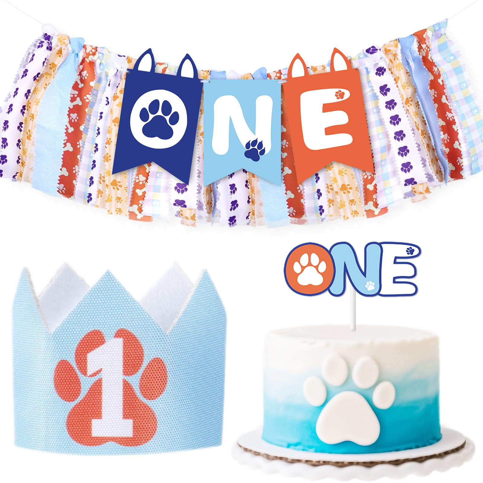 Photo 1 of VorkiVecKi Boy High Chair Banner - 1st Blue Navy Brown Orangel Highchair Streamer Sets for Girls First Birthday Crown Cake Smash One Year Old Party Decorations Puppy Background Cute Paw Print Decors
