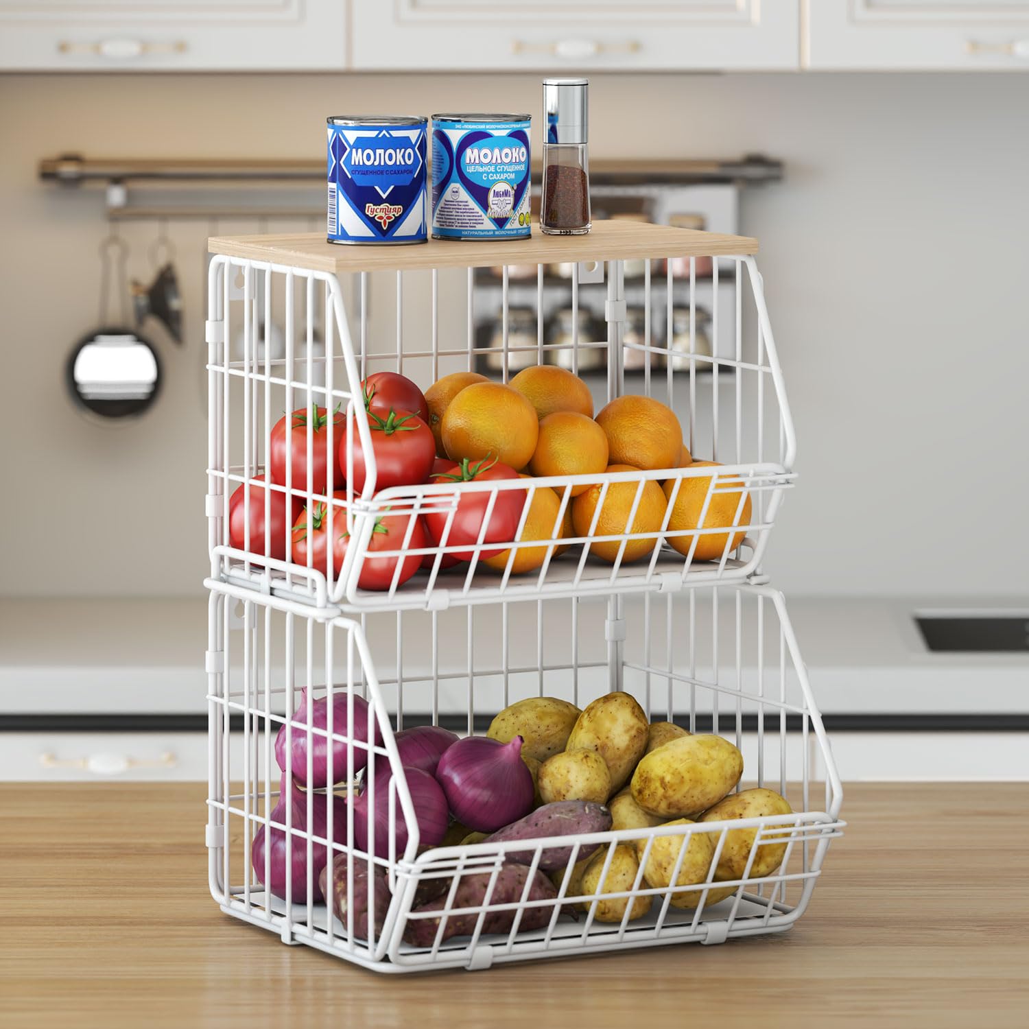 Photo 1 of Wetheny 2 Tier Stackable Wall Mounted Wire Basket Fruit Basket with Wood Lid - Kitchen Pantry Organization and Storage, Hanging Storage Basket for fruits, Onion, Potato, Produce, Vegetable (White)