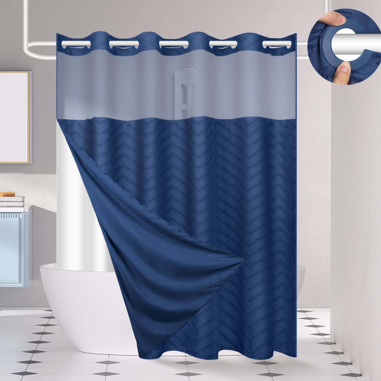 Photo 1 of FADOTY No Hook Shower Curtain and Snap in Liner Set Navy Blue Tufted Chevron Striped Cloth Waterproof Washable Fabric Boho Bath Curtain with See Through Mesh Top Window for Bathroom Hotel 71" x 74"