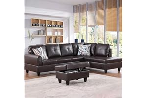 Evedy Faux Leather, Modern L-Shaped Modular Upholstered 6 Seaters Sectional Sofa Couch W/2 Cup Holders & Storage Ottoman, Living Room Furniture Set for Small Apartment-Black