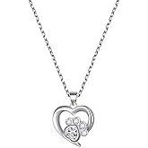 BEKECH Pet Lover Gifts Paw Print Necklace Cubic Zirconia Puppy Dog Cat Pet Paw Print Love Heart Pendant Necklace for Women