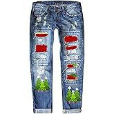 Ripped Jeans for Women Plaid Patch Boyfriend Distressed Stretch Skinny Casual Trendy Denim Pants with Pockets 2025