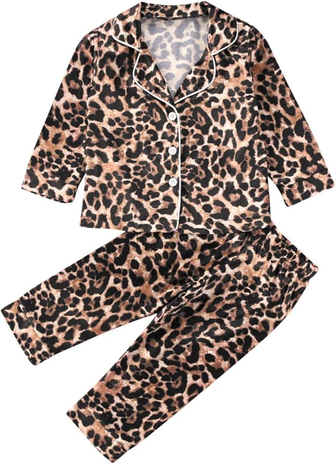 Baby Girl Silk Pajamas Leopard Printed Satin Toddler PJs