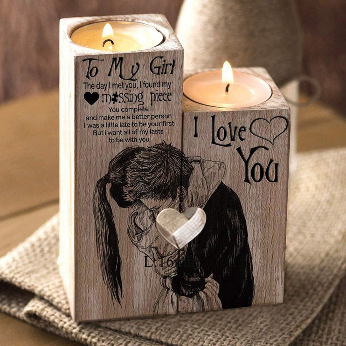Wooden Candle Holder,Heart-shaped Craft Candlestick Shelf Valentine's Day Decoration Gift Couple Candle Holder Stand Girlfriend Anniversary (Wood-to my girl) - Image 4