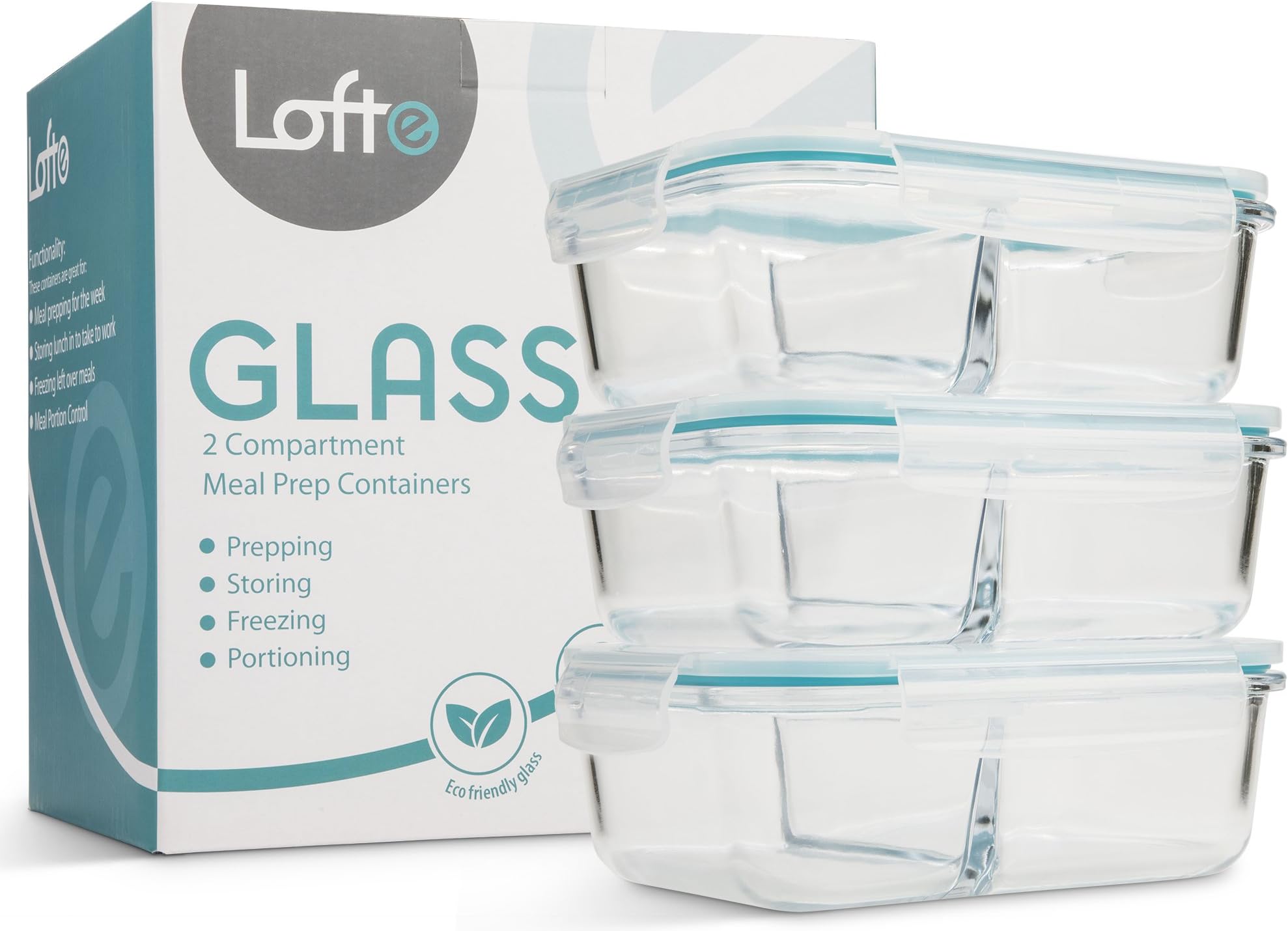 Glass Meal Prep Containers, Set of 3 - Meal Portion Control Container by Lofte - BPA-Free, Food Safe Lunch Organizers with Dividers for Packed Lunches or Saving Leftovers - Storage for Foods with Lids