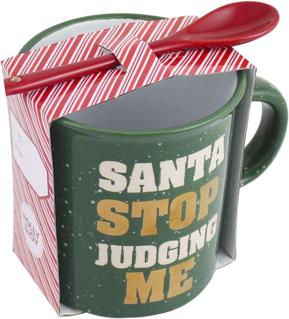 Azzure Home Holiday Novelty Drinking Mug with Spoon, Perfect for Coffee, Hot Chocolate, Tea, Cider, Hot Drinks, Holiday Home Kitchen Decor (Santa Stop)