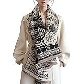 LumiSyne Winter Scarf Women Pashmina Shawls And Wraps Romantic Checked Camellia Pattern Reversible Cashmere Scarf With Tassel
