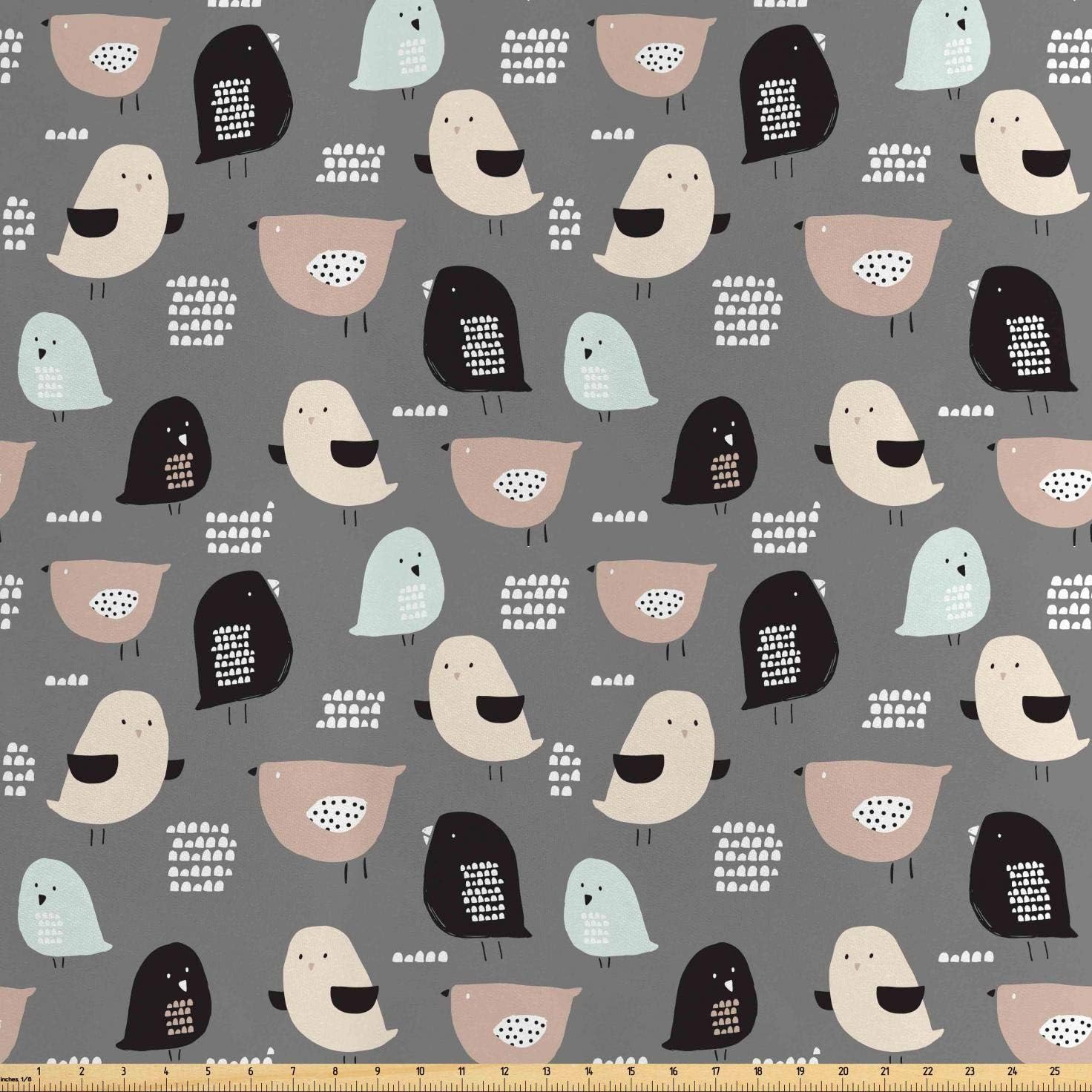 Lunarable Nursery Fabric by The Yard, Birds with Little Beaks and Thin Legs Scandinavian Pattern Pastel Colored, Decorative Satin Fabric for Home Textiles and Crafts, 2 Yards, Black Grey