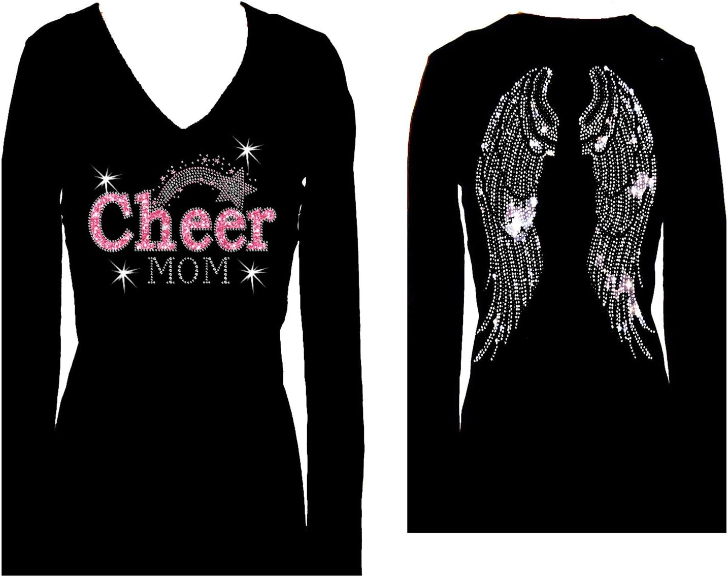 Cheer Mom Angel Wings Rhinestone Sports Bling V Neck Long Sleeve Tee Shirt