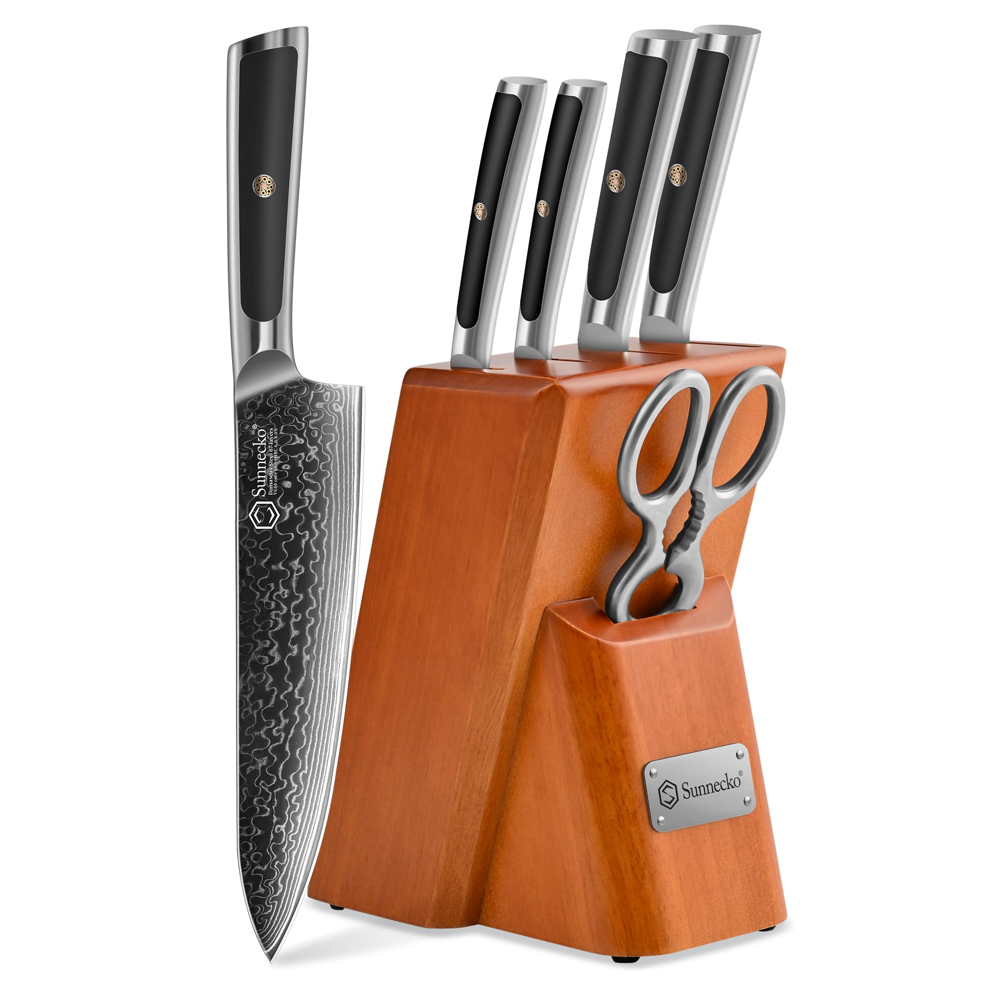 Photo 1 of Sunnecko Kitchen Knife Set with Block - Damascus Chef Knife Set with Japanese VG10 Damascus Steel - Professional Knife Block Set 6pcs with Comfortable Grip Handle