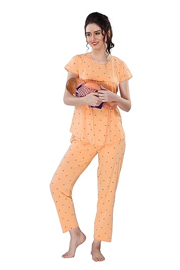 Women Cotton Printed Maternity & Feeding Top & Pyjama Set