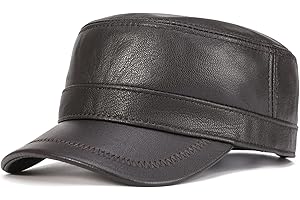 VOBOOM Leather Cadet Army Cap Adjustable Flat Top Cap Military Style Hat for Men