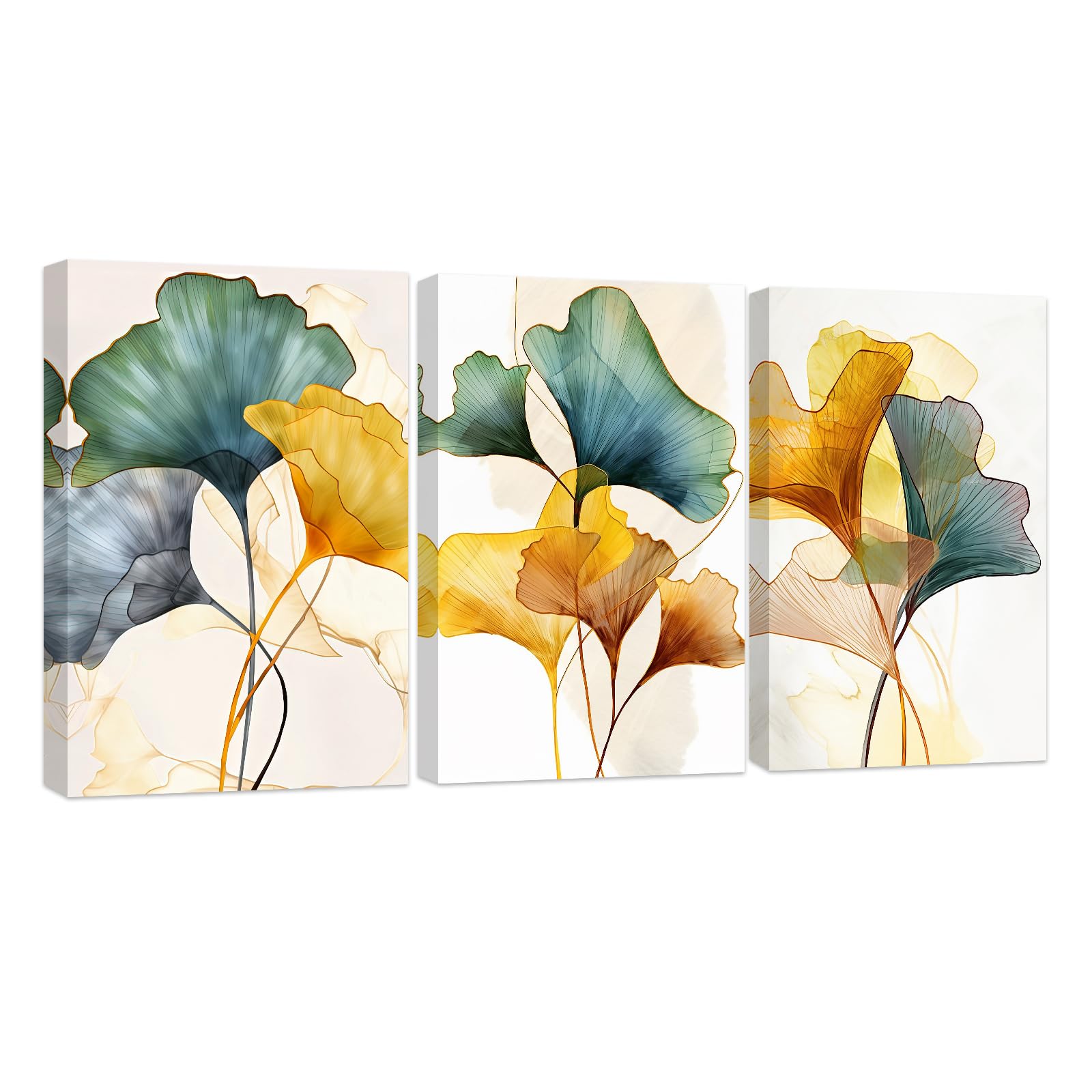 ZXHYWYM Abstract Leaves Wall Art 3 Pieces Ginkgo Pictures Tropical Plants Canvas Prints Botanical Floral Painting Green and Yellow Wall Decor Framed (C, (28x35cmx3))