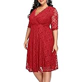 Women's Plus Size Wedding Guest Cocktail Party Semi Formal Lace Wrap V Neck Knee Length Dress