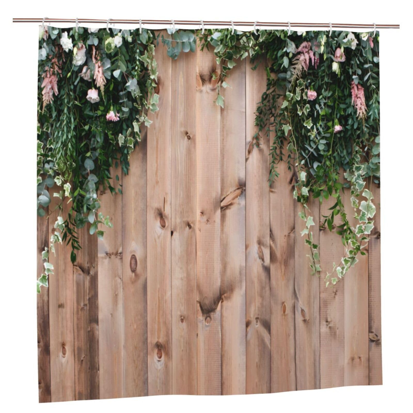 Garden Outdoor Shower Curtain, Wooden Fence Fresh Spring Greens Flowers and Leaf Plant on Wood Board, Bathroom Tub Decorative, Waterproof Polyester Bath Shower Curtain with 12 Hooks, 180x180cm