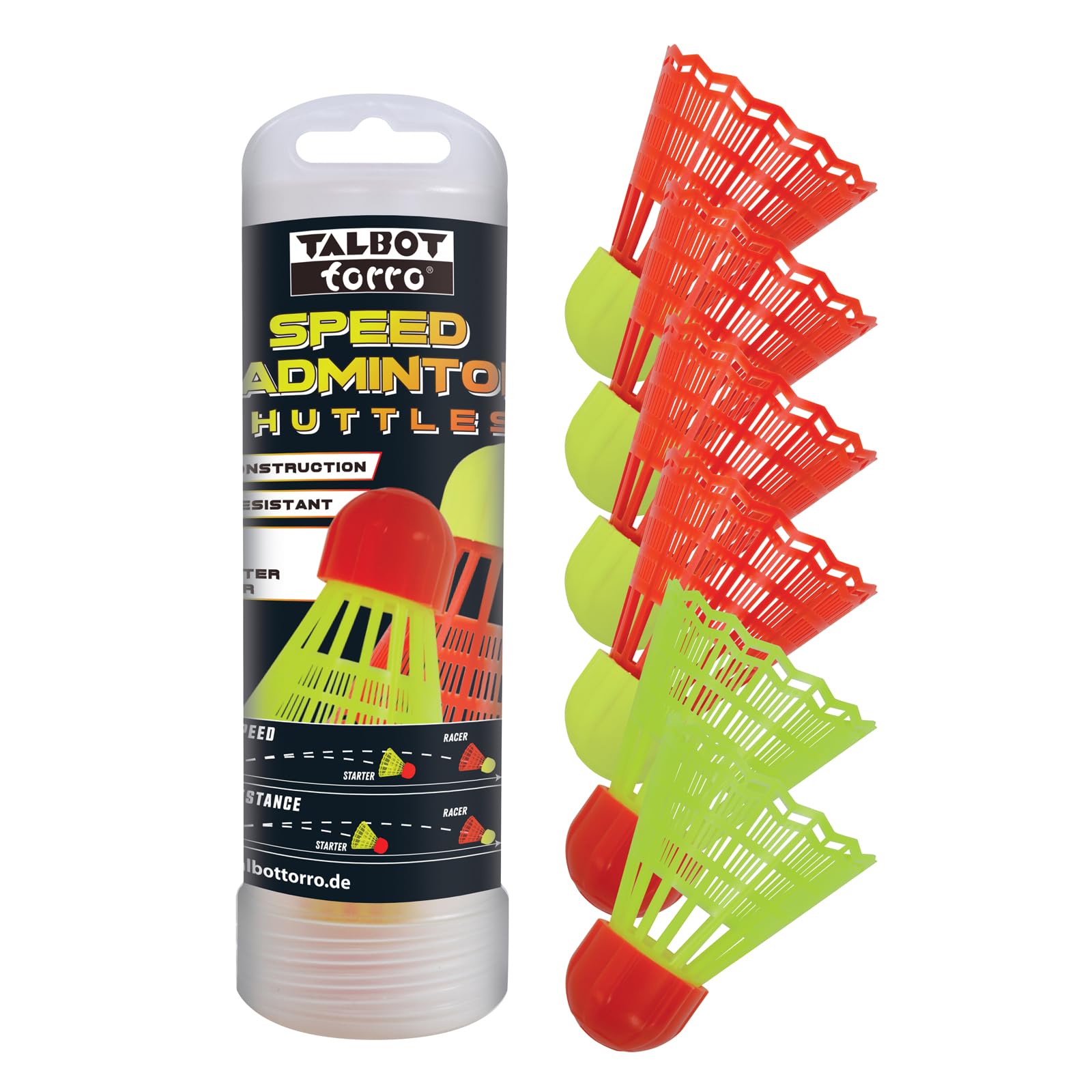 Talbot-Torro Speedbadminton Shuttlecocks, 6 Pieces - 4 Runners and 2 Starters, with Aerodynamically Optimized Plumage, in a Resealable Rotating Box, 490182