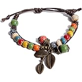 Zlanderah Hippie Charm Bracelets for Women, Colorful Ceramic Beads Bracelet with Leaf Charm, Adjustable Ethnic Braided Bracelet, Handmade Jewelry Gift for Sisters Friends