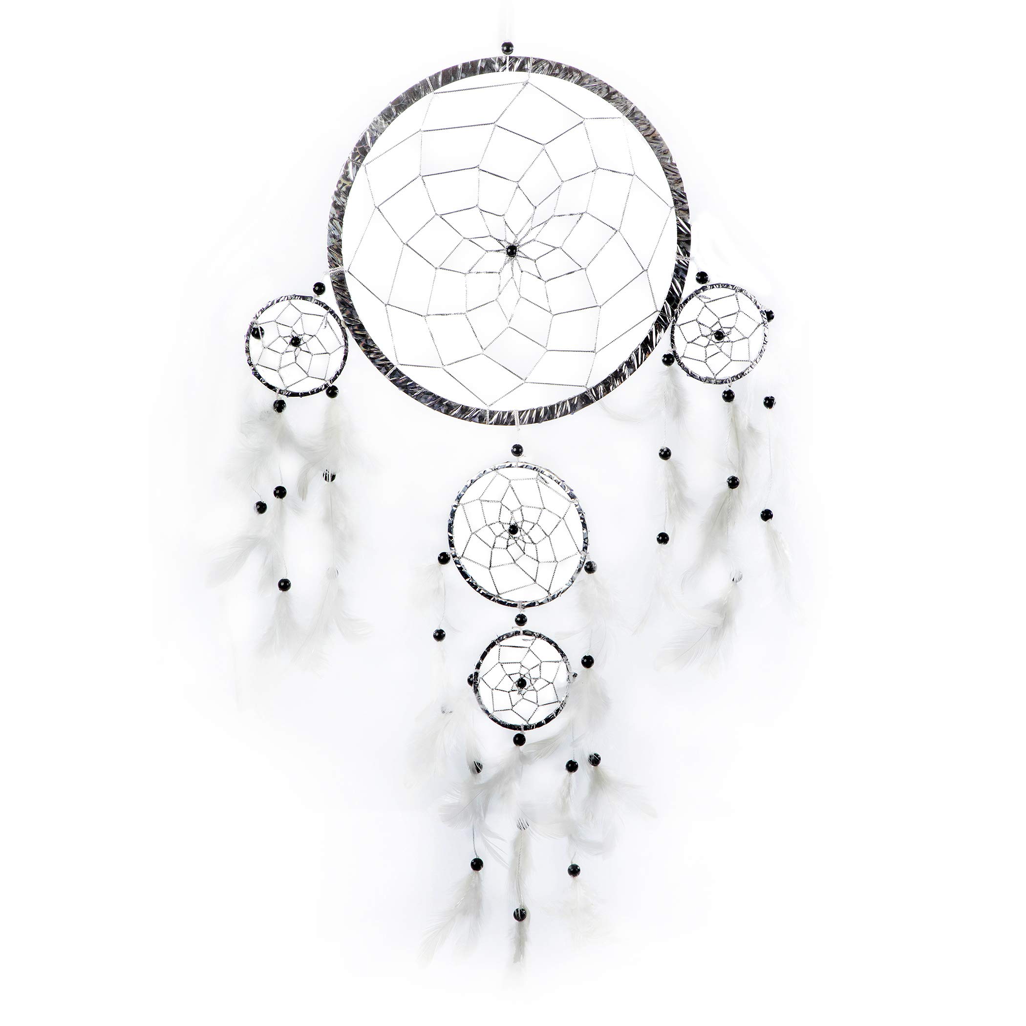 Pink Pineapple Holographic Handmade Bohemian Dream Catcher Ethical Hanging Dreamcatcher Wall Art with White Feathers and Beads Traditional Crochet Design - 22cm Wide, 60cm Long