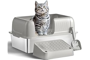 AMAI KETO Stainless Steel Litter Box,Extra Large Litter Box with Lid for Big Cats, Metal Litter Box High Sided, Kitty Litter Box with Scoop, No Odor, Non-Sticky, Anti-Leakage, Easy Cleaning Gray