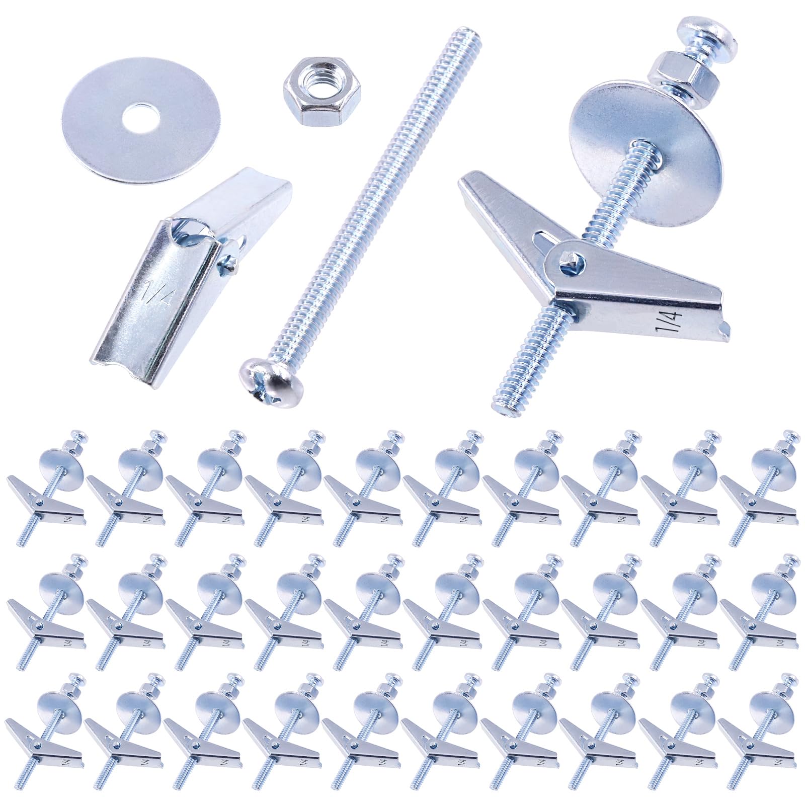 Swpeet 120Pcs 30 Set 1/4 Inch Toggle Bolts and Wing Nut Kit with Hex Nuts, Washers, Toggle Bolt Assortment Kit, Butterfly Toggle Anchors for Hanging Heavy Items on Drywall