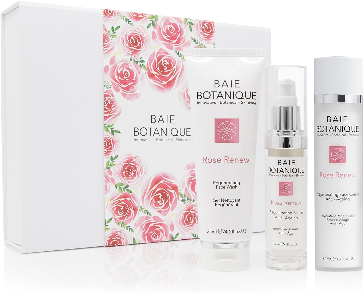 Baie Botanique - Rose Renew Regenerating Gift Box. Anti Ageing Skincare Set. Organic and Natural Skincare Collection. Contains full size Face Wash, Serum, and Face Cream. For Glowing and Radiant Skin.