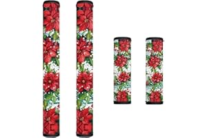HUISEFOR Poinsettia Flower Refrigerator Door Handle Covers Set of 4, Christmas Fridge Handle Cover Heat Resistant Anti-Slip Scratch-Proof Oven Handle Cover Christmas Decorations