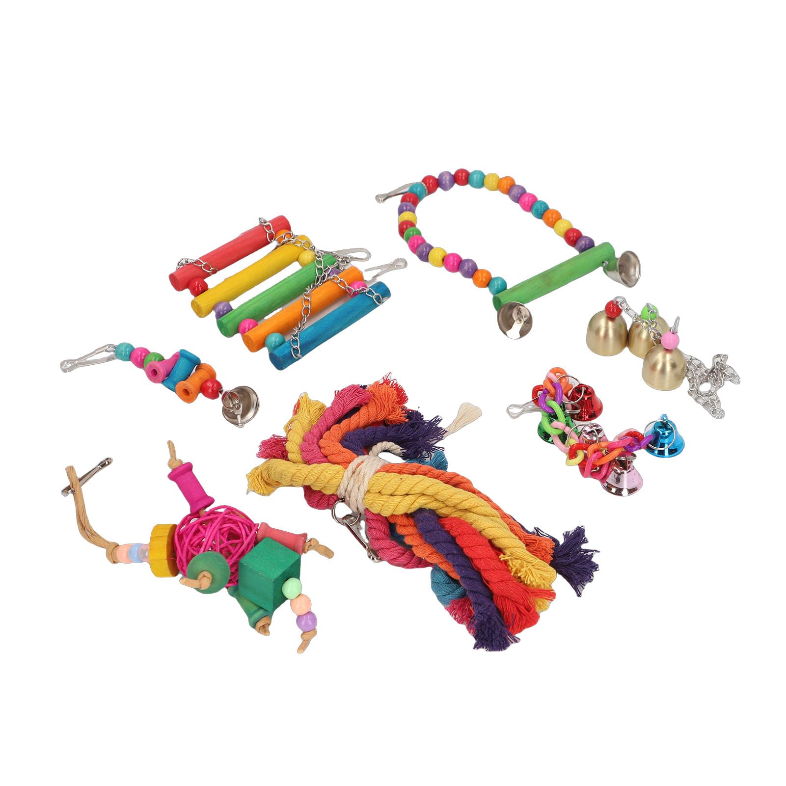 Bird Swing Toys for Chewing & Playing - YOUTHINK 7 Packs Colorful Natural Wooden Hammock Hanging Bell Fits for Parakeets, Parrots, Conures, Love Birds, Budgie, Budgerigars