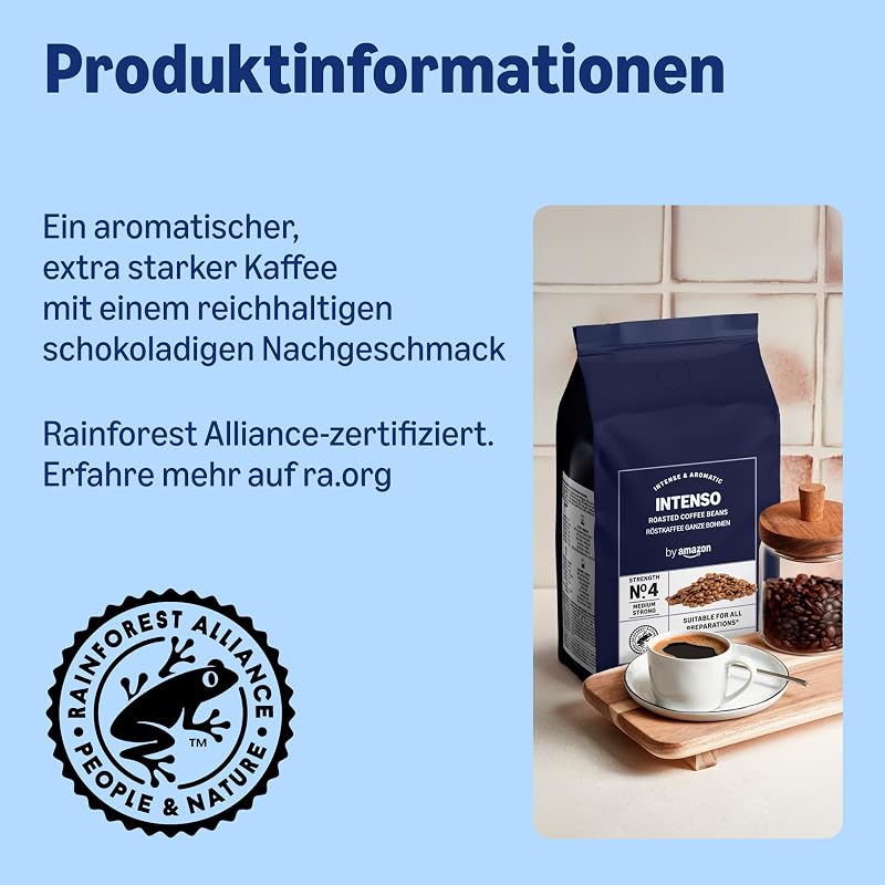 Intenso Kaffeebohnen, dunkel geröstet, 2 kg (2 Packungen à 1kg) – Rainforest Alliance Certified