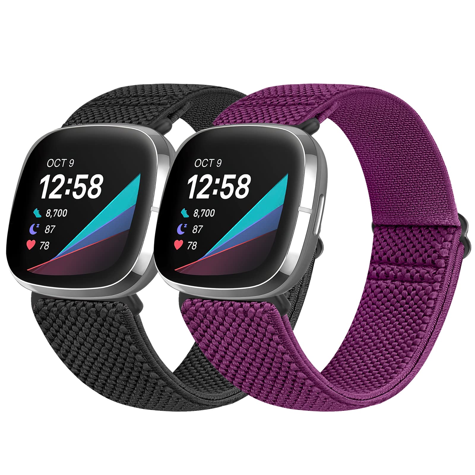 Vodtian Elastic Nylon Loop Straps Compatible with Fitbit Sense 2/Fitbit Sense/Fitbit Versa 4/Fitbit Versa 3 Strap, Adjustable Soft Stretchy Sport Braided Replacement Wristband for Men Women, 2 Pack