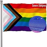 Progress Pride Rainbow Flag 3x5 Outdoor-Sewn Stripes LGBTQ Gay Lesbian Bisexual Transgender All Inlcusive Progressive Pride Rainbow Flag Vivid Color Polyester Flags with 2 Brass Grommets