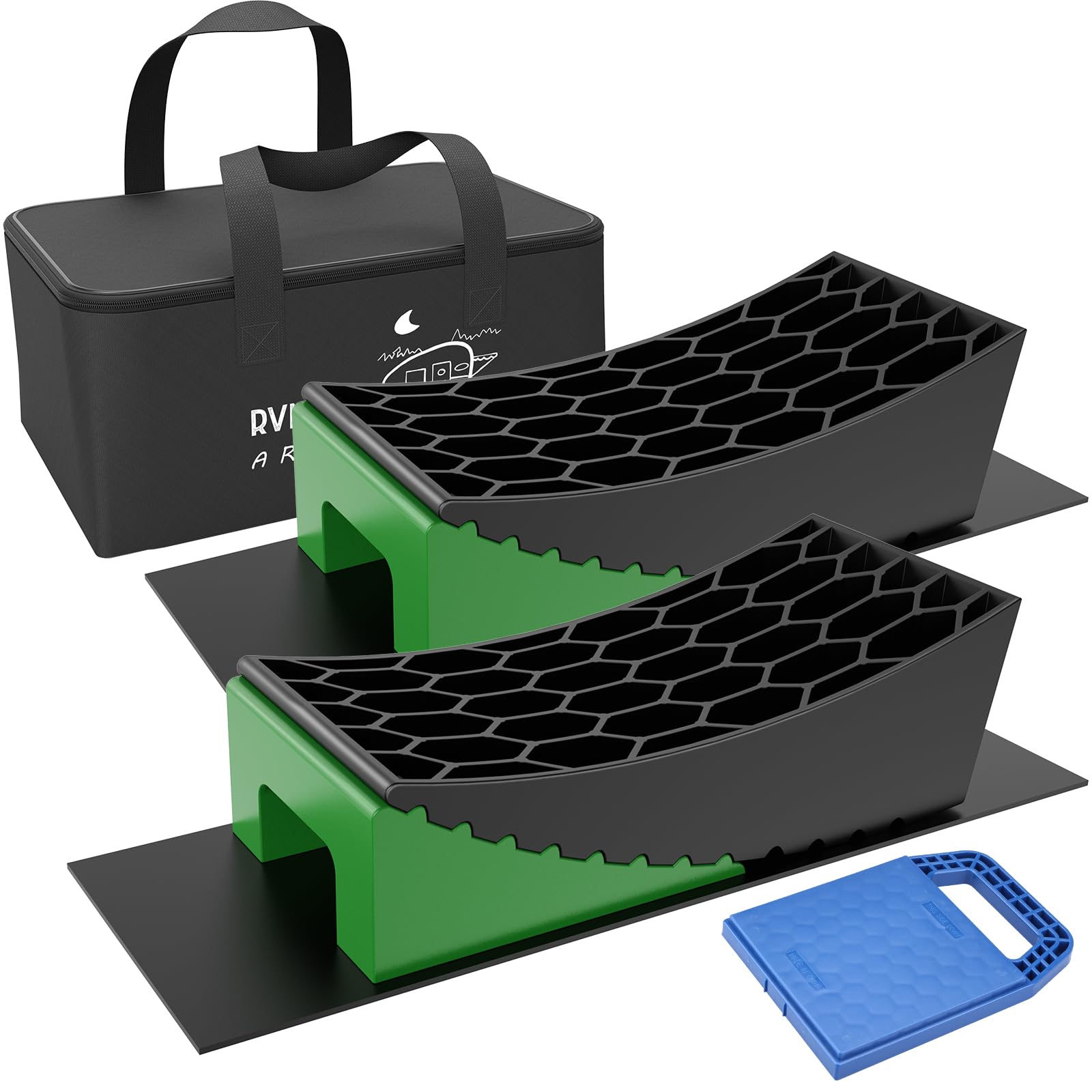 Photo 1 of RVMATE Camper Levelers 8-Piece Kit RV Leveling Blocks Camper Wheel Chocks Including Two Curved Levelers, Two Chocks, Two Rubber Grip Mats, and Bonus Jack Pad in Storage Carrying Bag